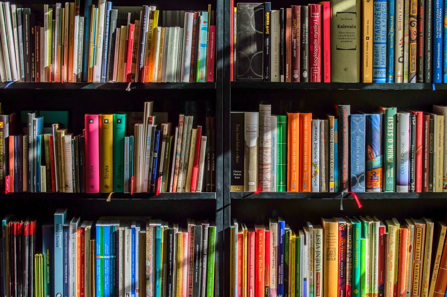 Library reading room with tall bookshelves
